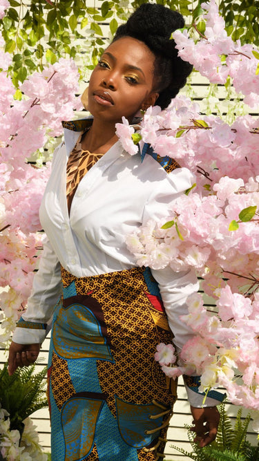 INFINITY Celestial White Swing Back Shirt With Blue Ankara Inset & Eyelet Detail